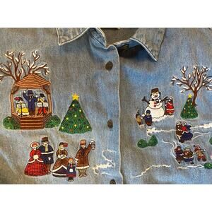 Vintage Karen Scott Christmas Holiday Embroidered Denim Shirt Button Up Petite S
